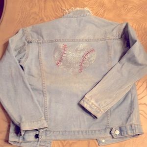Crystal baseball heart distressed denim jacket
